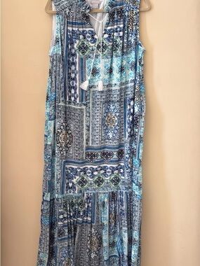 Chico's Sleeveless Blue and Aqua Patchwork Maxi Dress with Tassel Tie